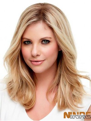 Cheveux blonds ondulés avec une longueur d'épaule de couleur blonde monofilament