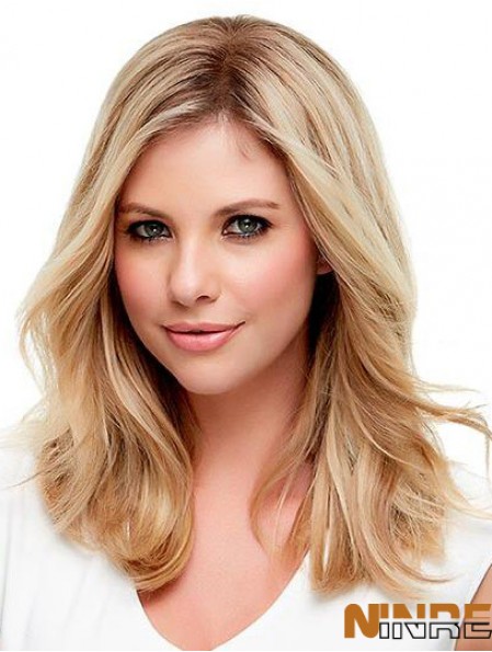 Cheveux blonds ondulés avec une longueur d'épaule de couleur blonde monofilament
