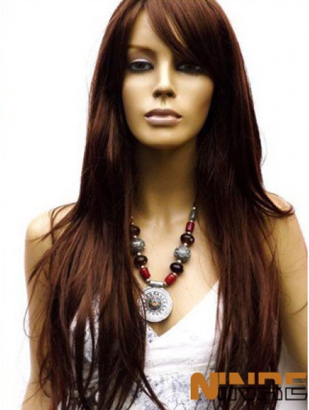 Perruque de cheveux humains longue longueur couleur Auburn avant de lacet avec une frange
