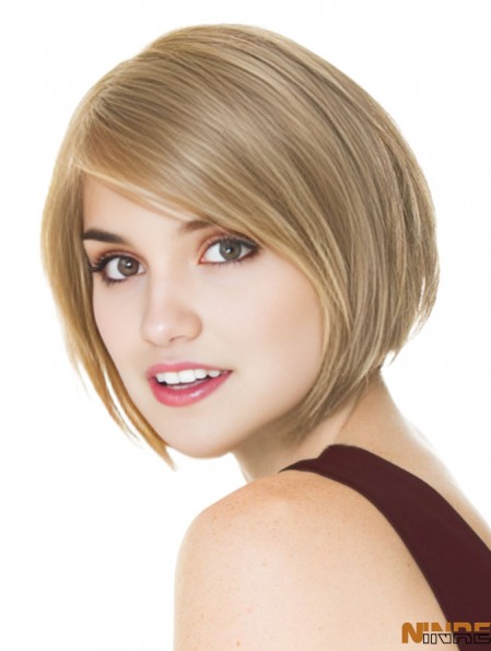 Perruque blonde courte Bob 100% longueur de menton de style droit attaché à la main