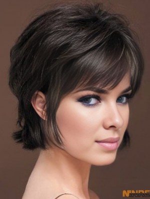 Perruque de cheveux humains noire courte de de frange