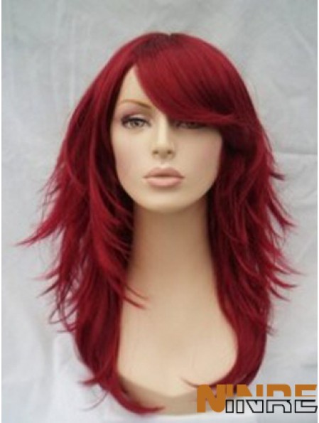 Perruque rouge de cheveux humains pleine perruque avec une longueur d'épaule ondulée de style frange