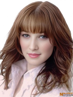Perruque de cheveux humains ondulée couleur Auburn moyenne longueur d'épaule avec frange