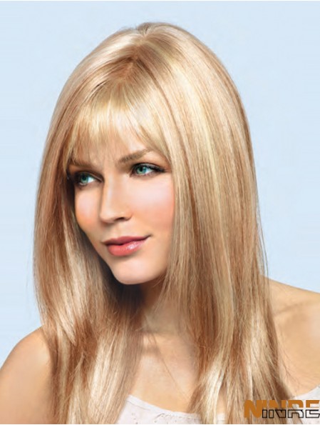 16 pouces blonde remy humaine droite avec frange perruques en dentelle attachées à la main