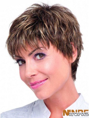 Cheveux humains Monofilament Topper couleur brune Boycuts de style droit