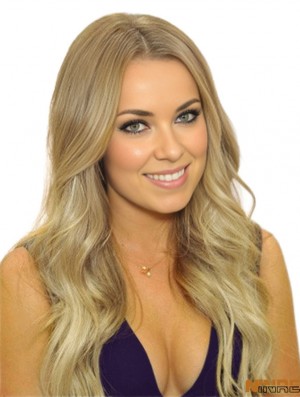 24 pouces Wavy Remy Blonde Humaine 100% Noué À La Main Monofilament Perruques UK