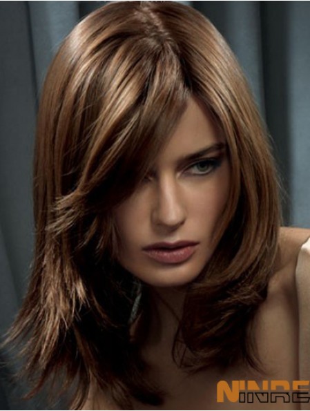 Longue perruque de cheveux humains ondulés bruns avec un style droit capless
