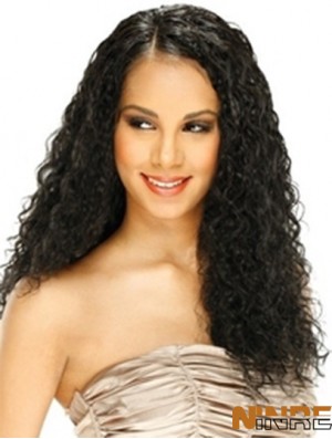 Perruque avant de lacet de cheveux humains style bouclé longue longueur couleur noire