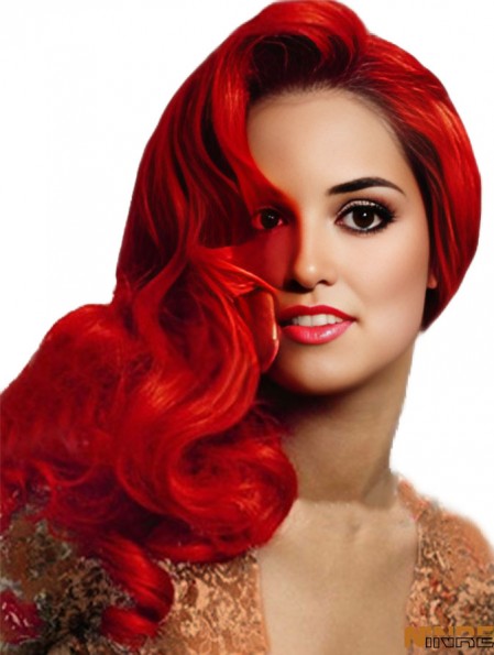 Perruque rouge cheveux humains avec une longueur ondulée capless style longue