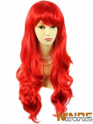 Vente chaude cheveux longs ondulés avec frange 24 pouces perruques rouges