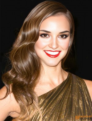 Perruques de célébrité Remy Human Long Lace Front Brown Wavy 