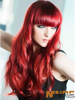 Capless Wavy 22 pouces avec frange longs cheveux humains rouges
