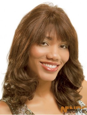 Ondulé Monofilam Brown Avec Bangs Longues Perruques Monofilament Pas Cher