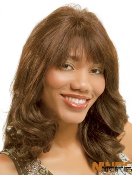 Ondulé Monofilam Brown Avec Bangs Longues Perruques Monofilament Pas Cher