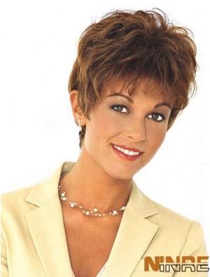 Perruque de cheveux humains Mono Style ondulé Longueur recadrée Couleur brune