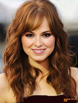 Avec frange longue cuivre ondulé 18 pouces de beaux cheveux humains Emma Stone perruques