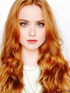 Sans frange longue ondulée de cuivre 22 pouces Perruques Molly Quinn adaptées aux cheveux humains