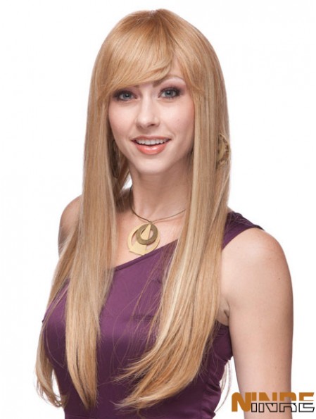 Droite Avec Frange Monofilament Blonde Top Perruques Longues