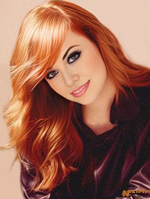 Sans frange longue cuivre ondulé 20 pouces exquis cheveux humains Emma Stone perruques