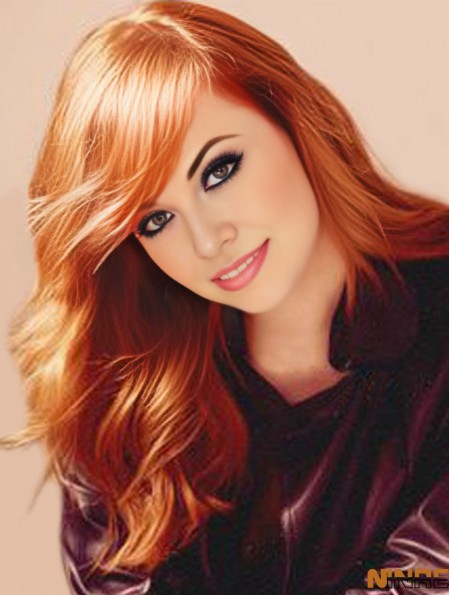 Sans frange longue cuivre ondulé 20 pouces exquis cheveux humains Emma Stone perruques