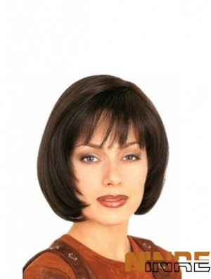 Avec Frange Durable Droite Brun Longueur de Menton Perruques de Cheveux Humains