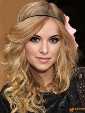 100% noué à la main avec une frange ondulée longue mode blonde perruques 