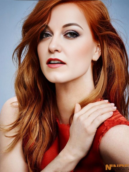 Sans frange longue cuivre ondulé 18 pouces incroyable cheveux humains Jessica Chastain perruques