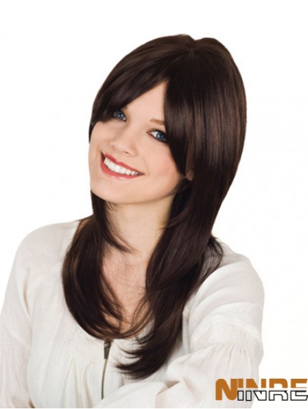 Avec Bangs Long Brown Wavy 16 pouces Perruques de cheveux humains durables