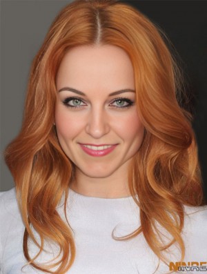 Sans Frange Longue Ondulée Cuivre 16 pouces Bons Cheveux Humains Rachel Mcadams Perruques