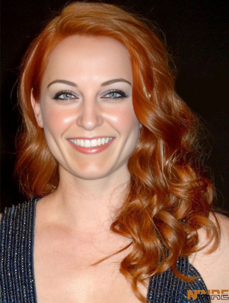 Sans Frange Longue Ondulée Cuivre 20 pouces En Ligne Cheveux Humains Amy Adams Perruques