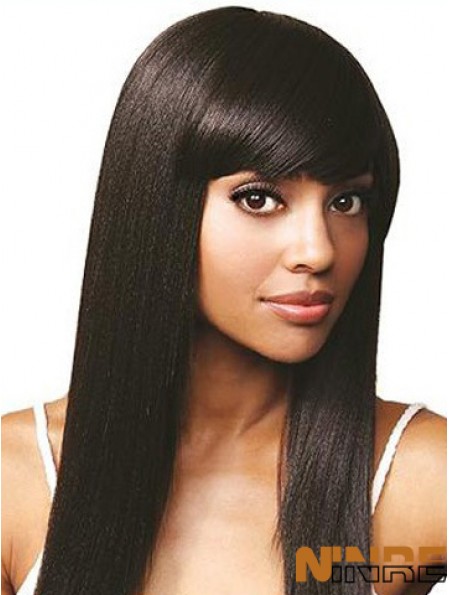 Avec frange en ligne droite noire longue perruque de cheveux humains avant de lacet