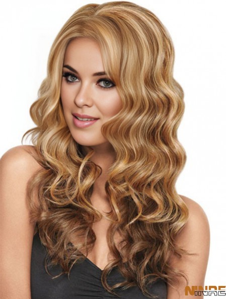 Ondulés sans frange perruques synthétiques blondes longues et élégantes
