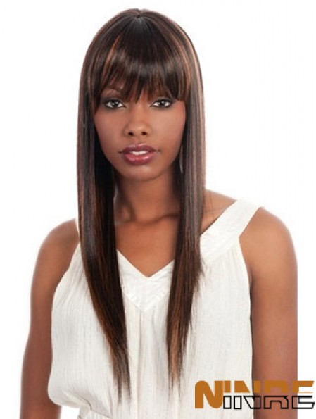 Long Yaki brun avec frange perruques afro-américaines à la mode