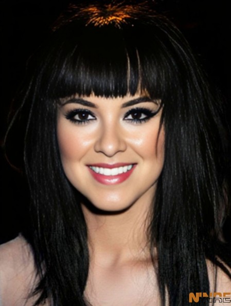 17 pouces abordable noir longue ligne droite avec frange perruques Katy Perry
