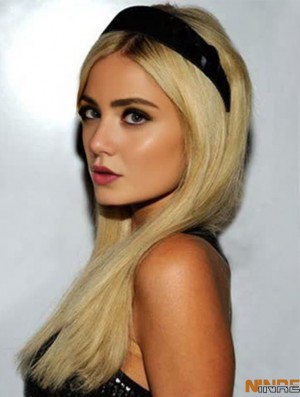 100% attaché à la main longue ligne droite sans frange Blonde parfaite Paris Hilton perruques