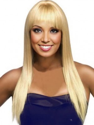 Coiffures Blonde Longue Droite Avec Frange Perruques De Cheveux Humains