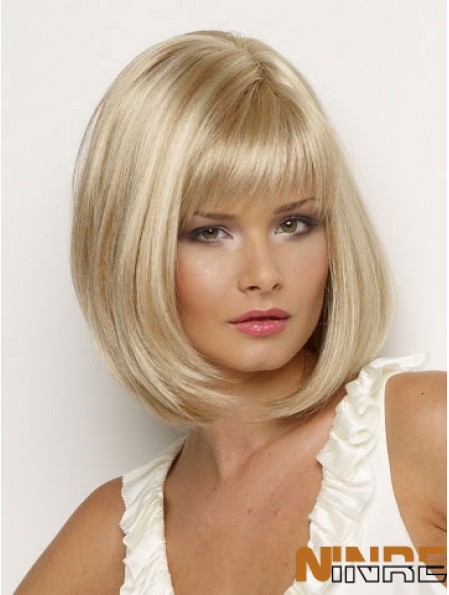 Perruque synthétique Longueur de menton Couleur blonde Style droit avec une frange