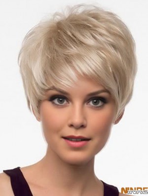 Perruques synthétiques courtes avec frange couleur blonde Style droit