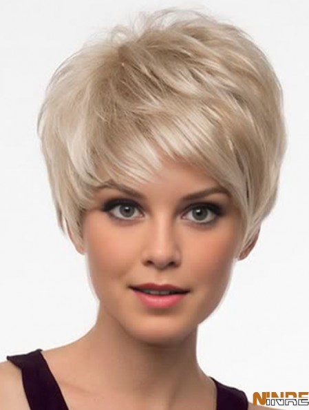 Perruques synthétiques courtes avec frange couleur blonde Style droit