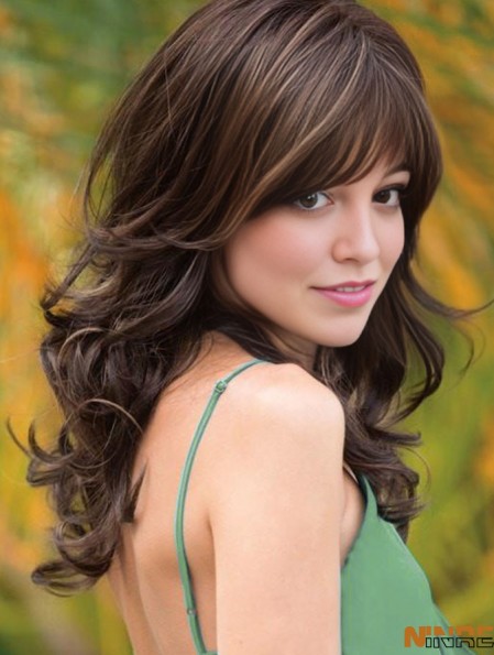 Avec Bangs Brown Wavy 18  inchlongues perruques synthétiques