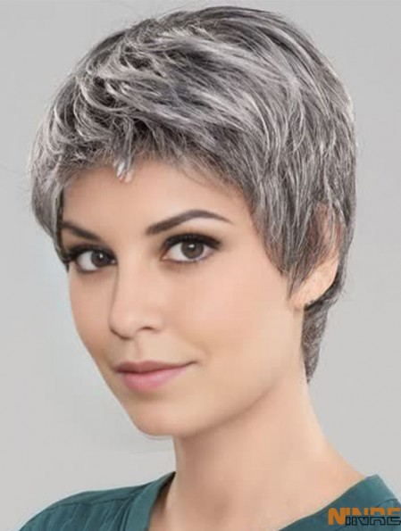 Perruques droites courtes de 6 pouces style monofilament gris