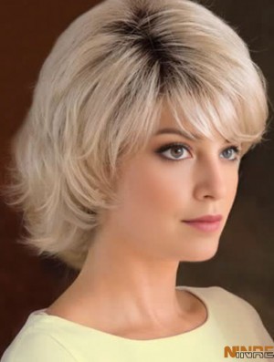 Capless 8 pouces Blonde ondulée avec des perruques Bangs pour les femmes
