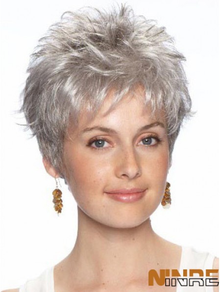 Perruque courte grise avec avant en dentelle synthétique style ondulé coupe grise
