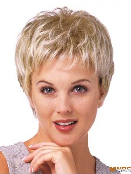 Meilleure perruque bouclée synthétique Boycuts Longueur recadrée Couleur blonde