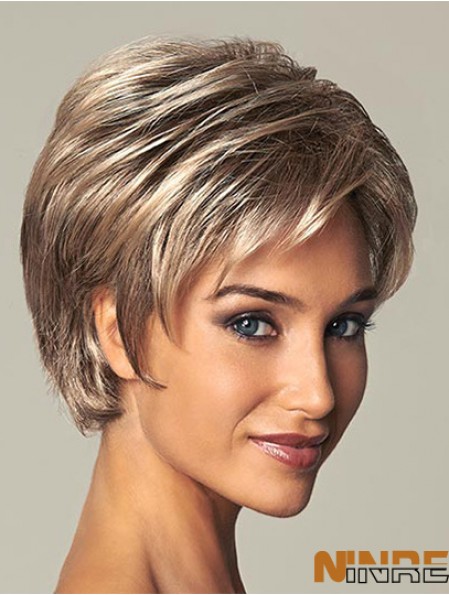 Perruque synthétique courte pour femme avec coupe droite en dentelle