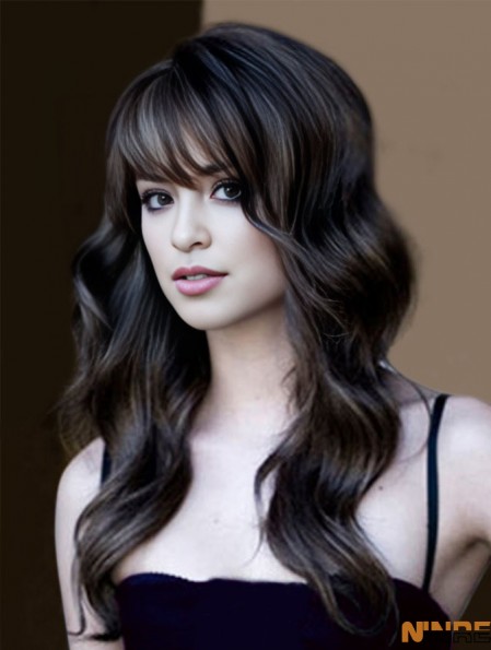 Cheveux synthétiques noirs avec une frange longue style ondulé