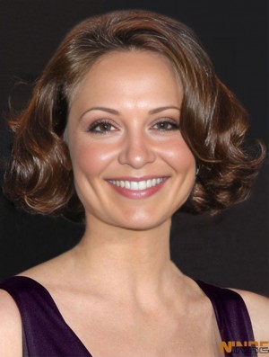 Idéal brun longueur de menton bouclé 10 pouces sans frange perruques Carla Gugino