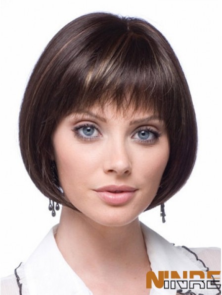 Perruques en dentelle synthétique bon marché Longueur de menton Bobs couper la couleur brune