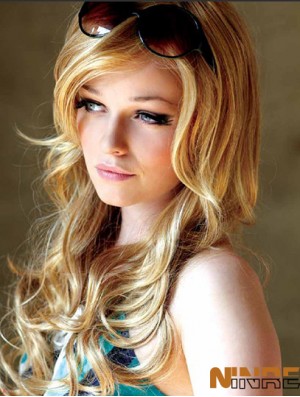 22 pouces ondulé avec frange monofilament blonde perruques longues appropriées