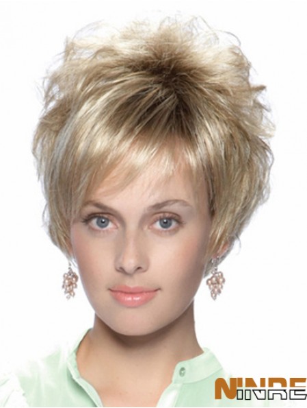 No-Fuss 8 pouces droite blonde avec frange perruques courtes